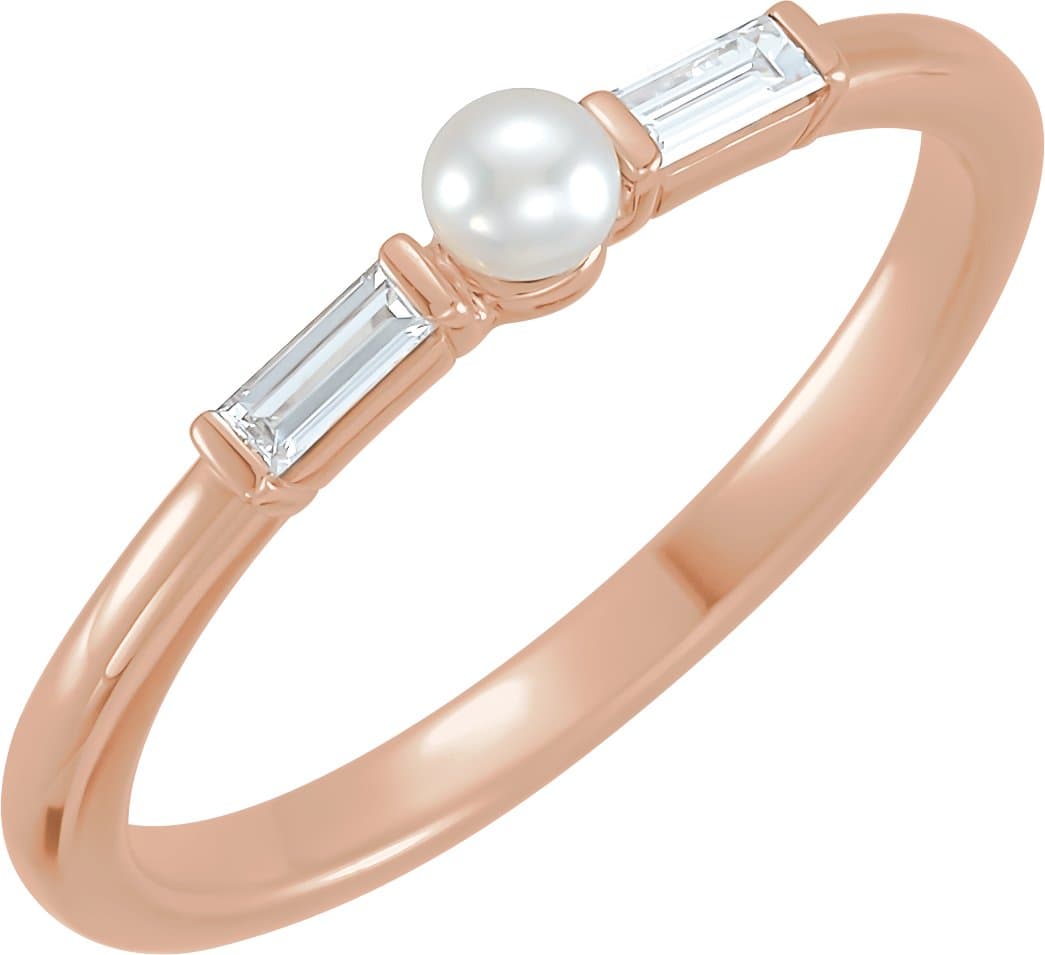 14K Rose Cultured White Seed Pearl & 1/8 CTW Natural Diamond Ring