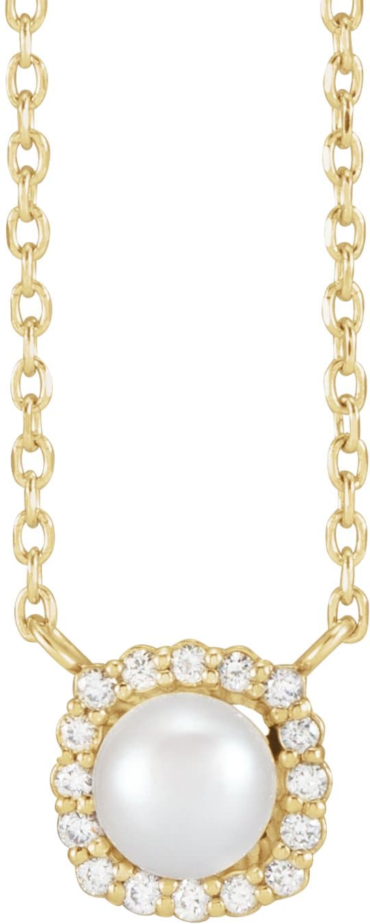 14K Rose Cultured White Akoya Pearl .06 CTW Natural Diamond Halo-Style 16" Necklace