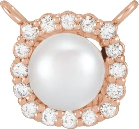 14K Rose Cultured White Akoya Pearl .06 CTW Natural Diamond Halo-Style 16" Necklace