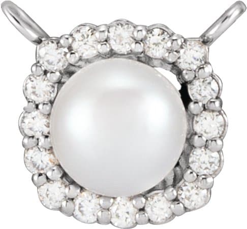 14K Rose Cultured White Akoya Pearl .06 CTW Natural Diamond Halo-Style 16" Necklace