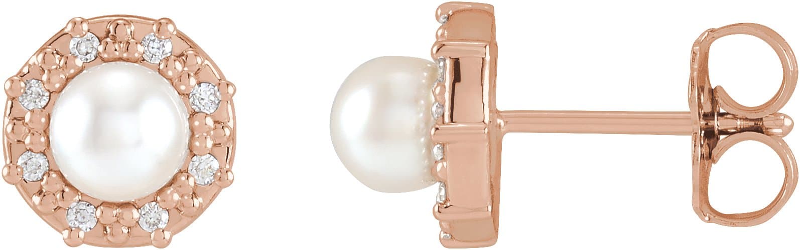 14K Rose Cultured White Akoya Pearl & .07 CTW Natural Diamond Halo-Style Earrings