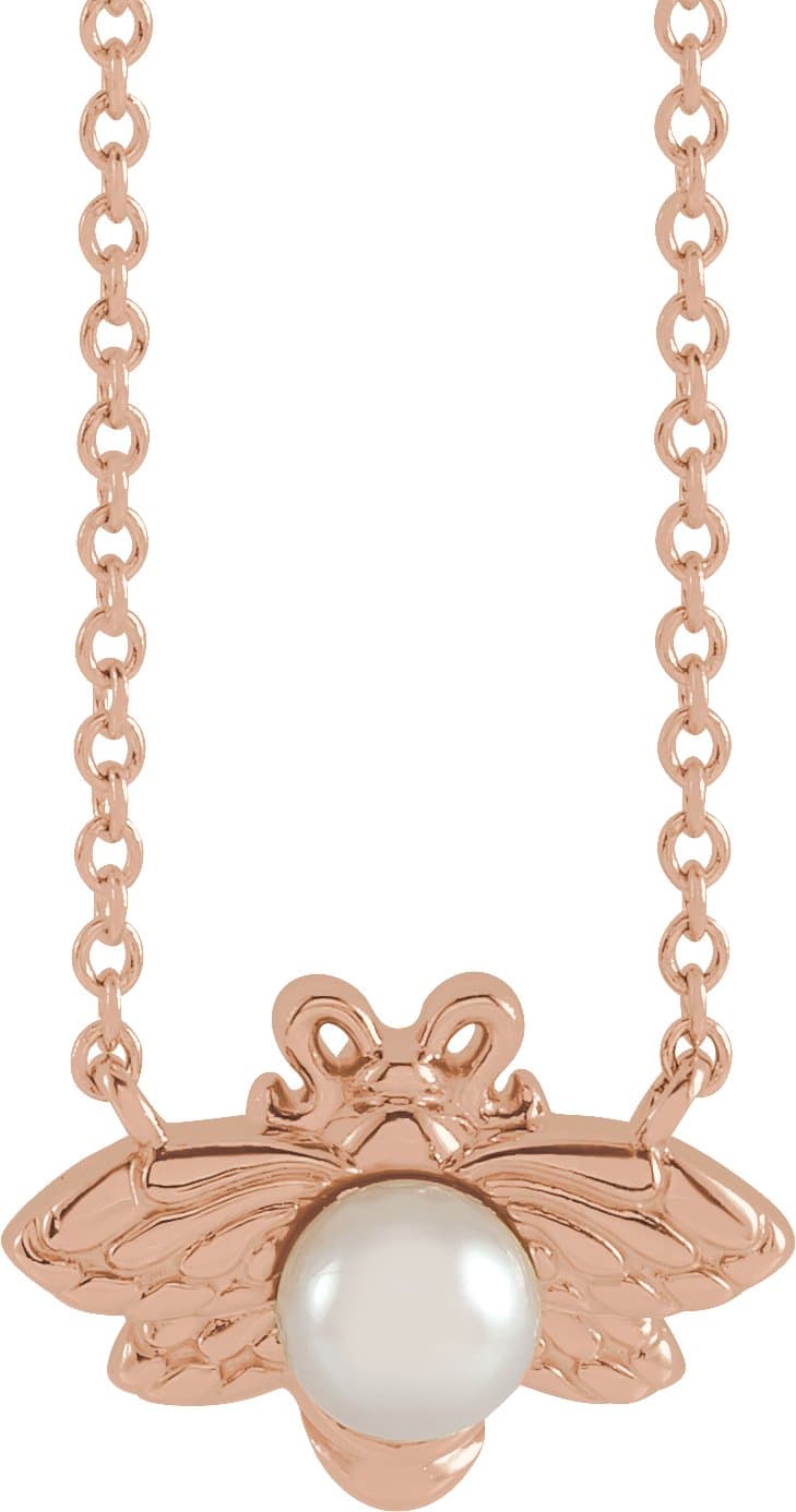 14K White Cultured White Akoya Pearl Bee 18 Necklace