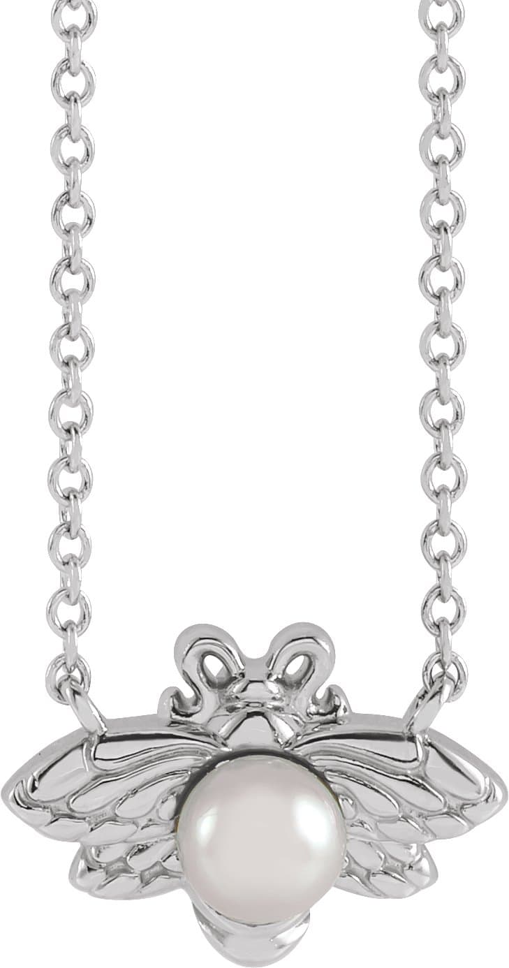 14K Rose Cultured White Akoya Pearl Bee 18 Necklace