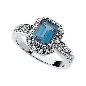 14K White Natural London Blue Topaz & 1/6 Natural Diamond Ring