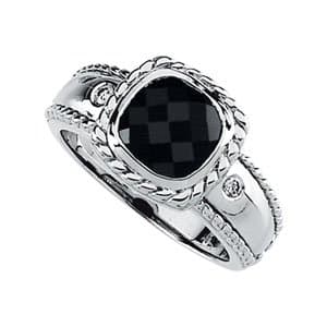 14K White Natural Black Onyx & .05 CTW Natural Diamond Rope Ring