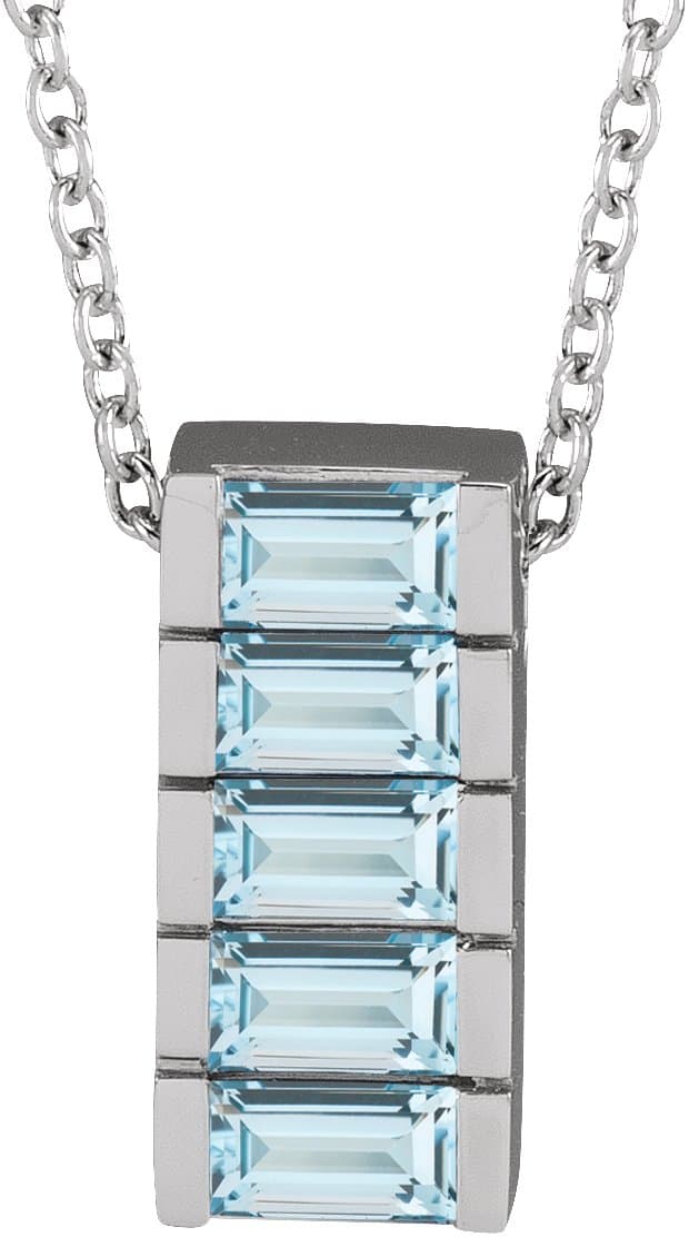 14K White Natural Sky Blue Topaz Channel-Set Bar 16-18 Necklace