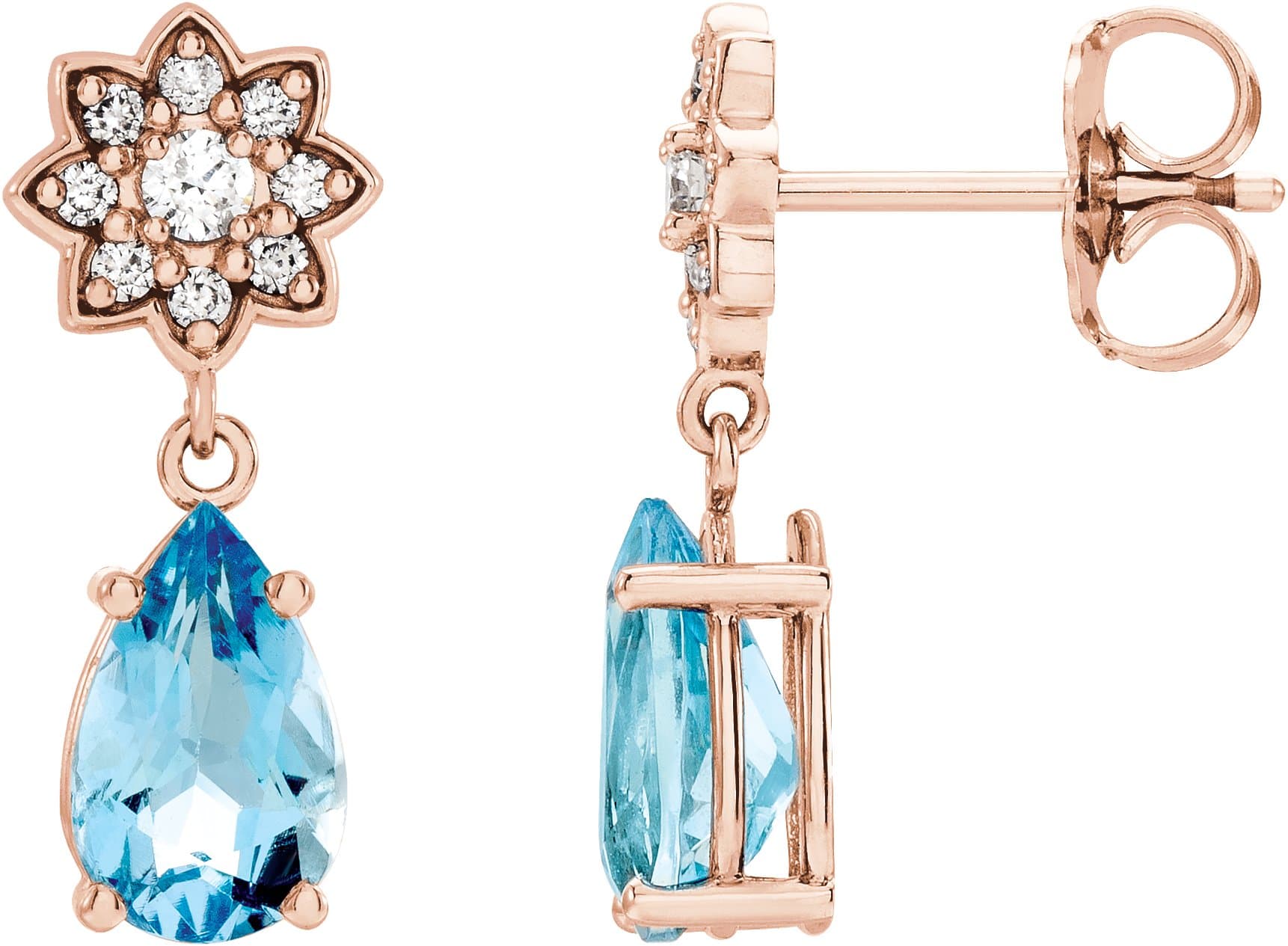 14K Rose Aquamarine & 1/6 CTW Diamond Cluster Earrings