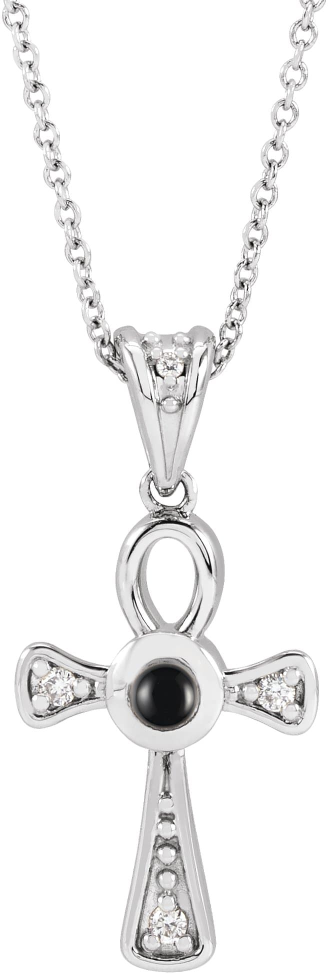 14K Rose Natural Onyx & .04 CTW Natural Diamond Ankh Cross 16-18' Necklace