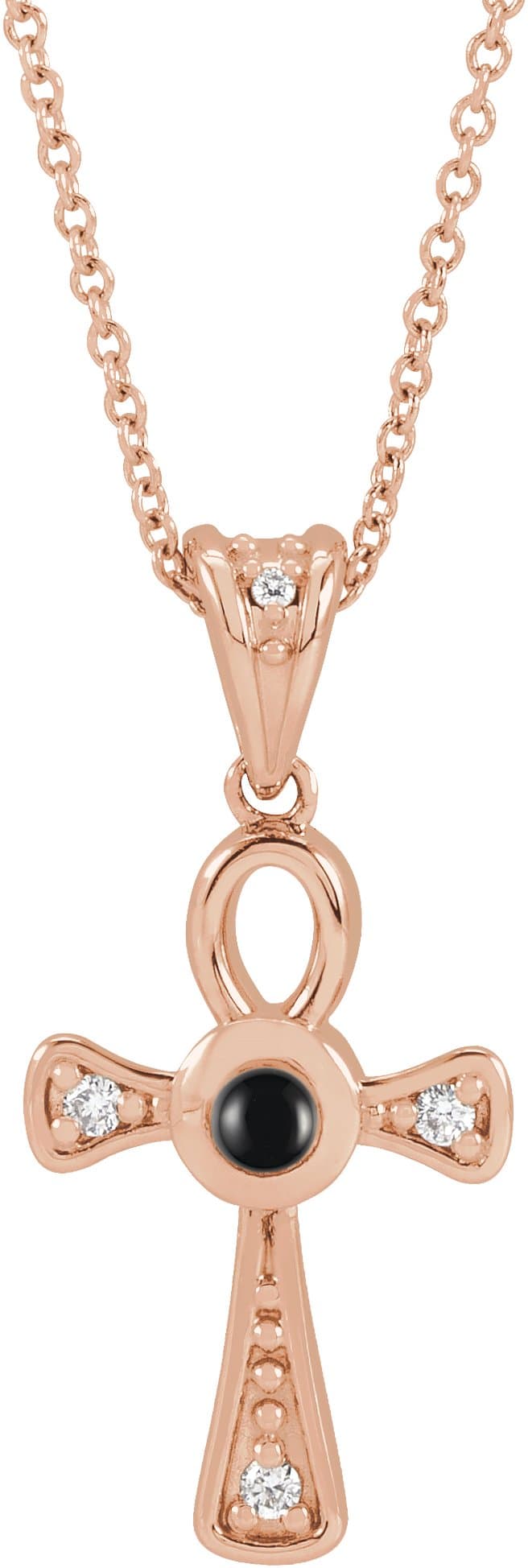 14K Rose Natural Onyx & .04 CTW Natural Diamond Ankh Cross 16-18' Necklace