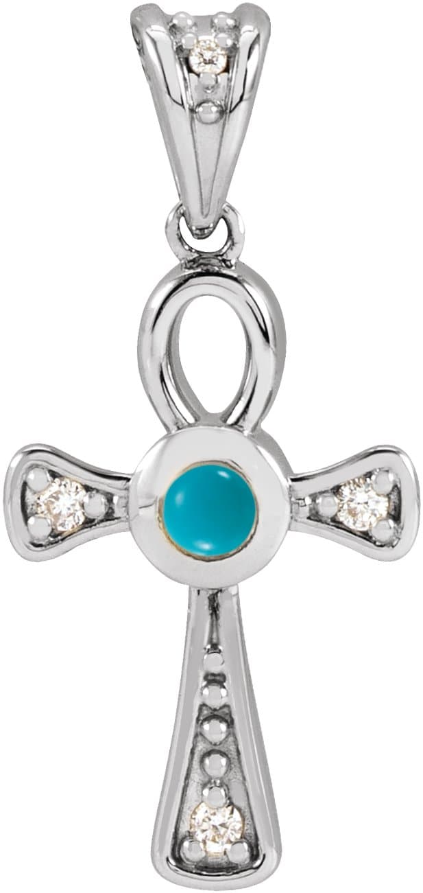 14K Rose Natural Turquoise & .04 CTW Natural Diamond Ankh Cross Pendant