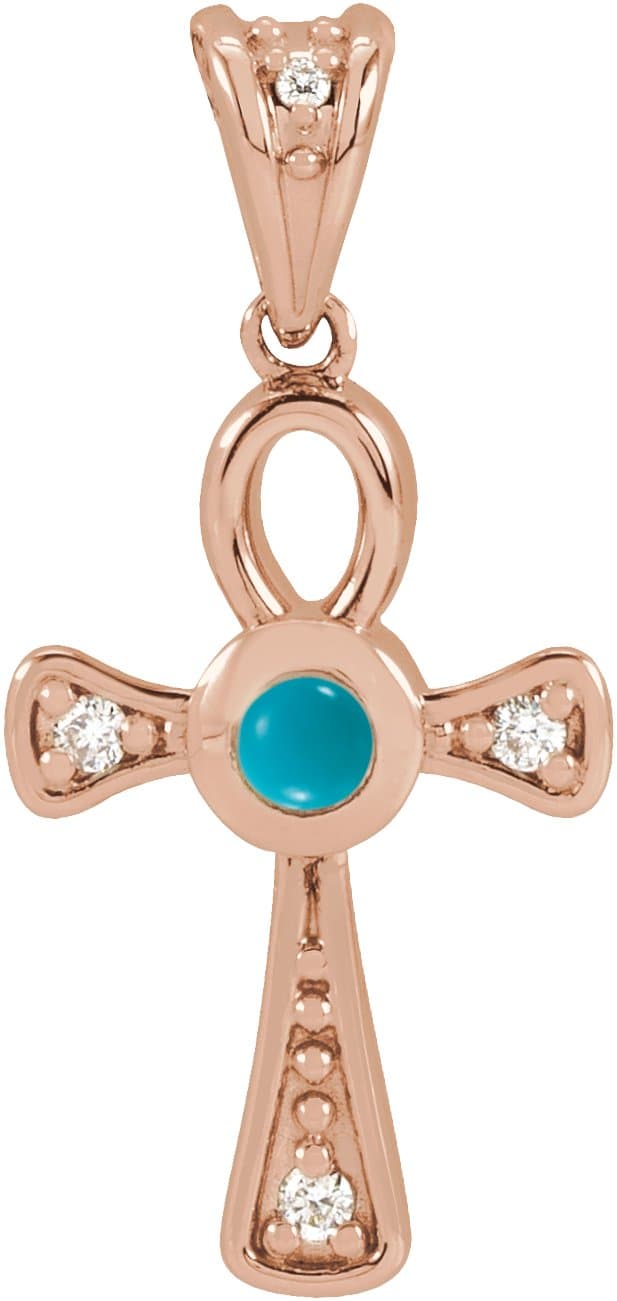 14K Rose Natural Turquoise & .04 CTW Natural Diamond Ankh Cross Pendant
