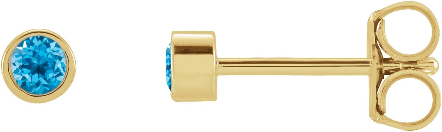 14K Yellow Gold 2 mm Round Natural Swiss Blue Topaz Micro Bezel Single Stud Earring