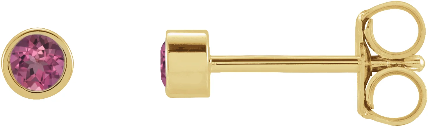 14K Yellow Gold 2 mm Round Natural Pink Tourmaline Micro Bezel Single Stud Earring