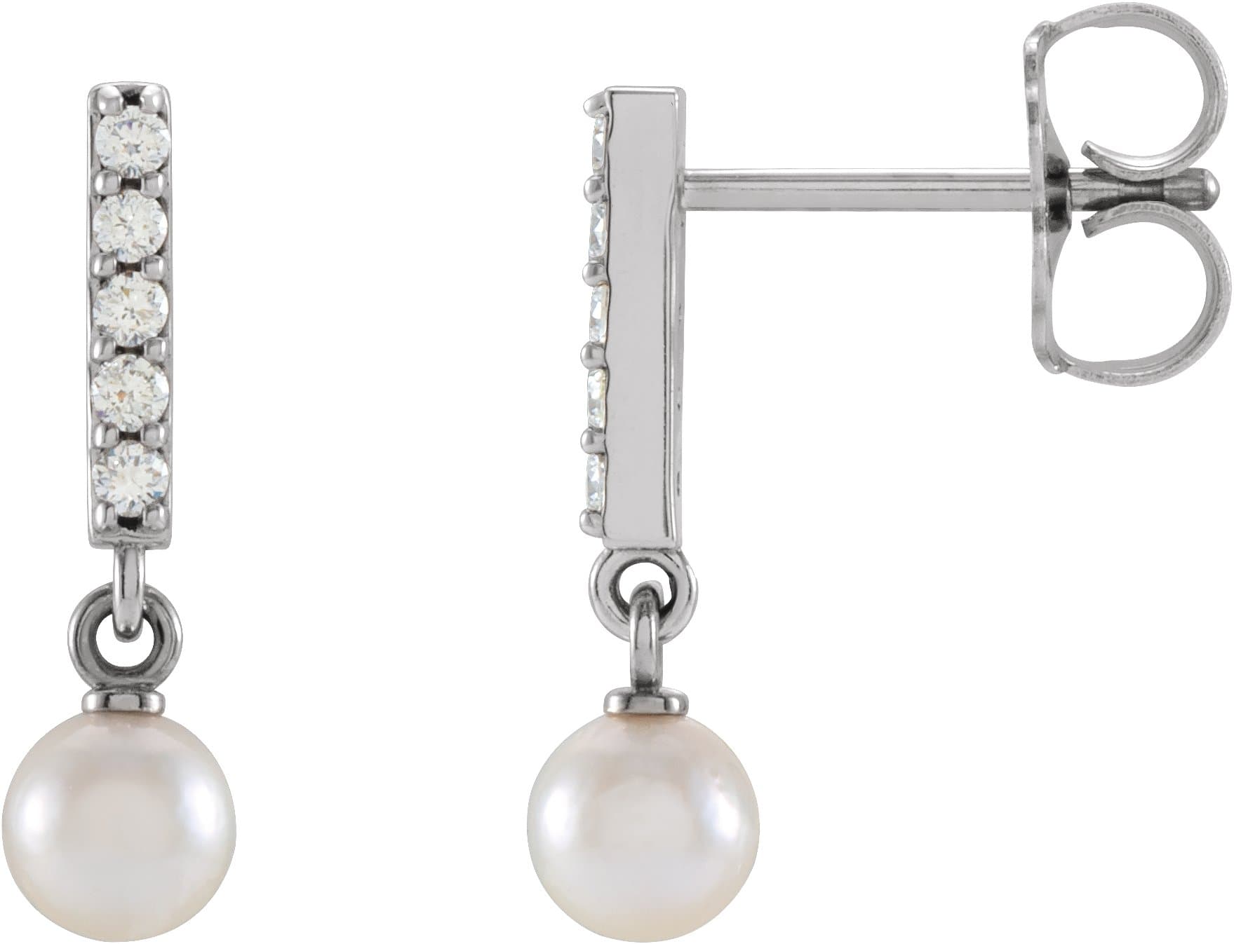 14K Rose Cultured Akoya Pearl & .03 CTW Natural Diamond Bar Earrings