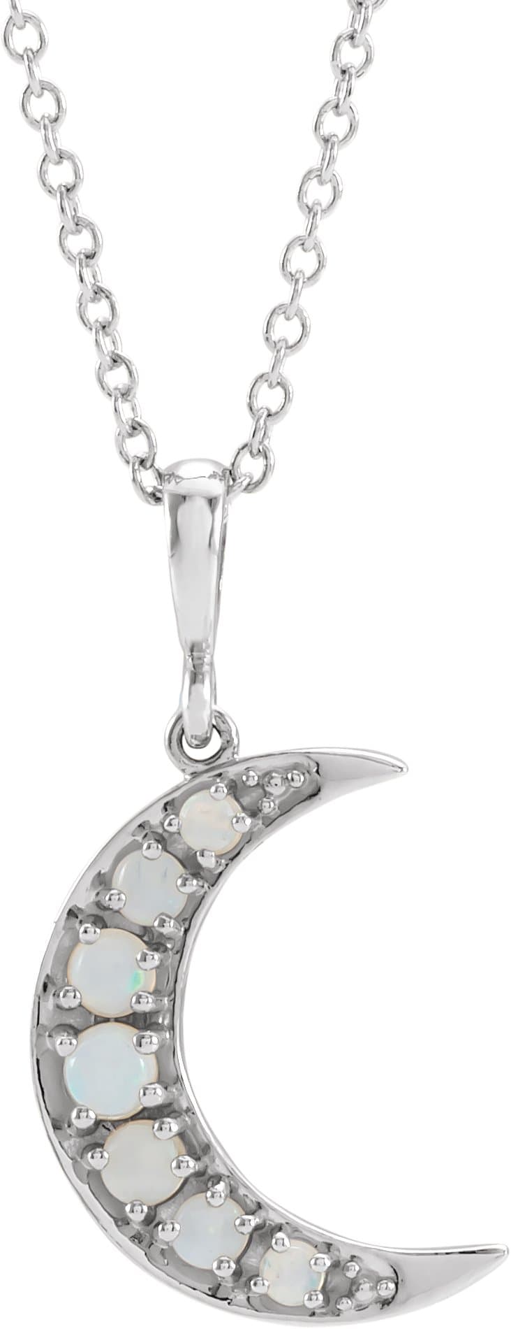 Sterling Silver Natural White Opal Cabochon Crescent Moon 16-18 Necklace