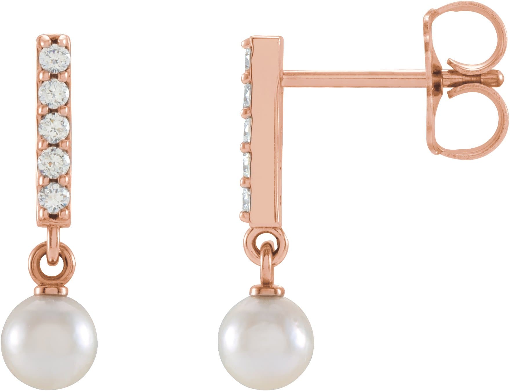 14K Rose Cultured Akoya Pearl & .03 CTW Natural Diamond Bar Earrings