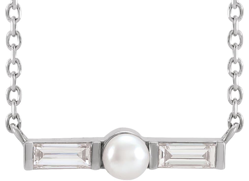 14K Rose Cultured White Seed Pearl & 1/6 CTW Natural Diamond Bar Necklace Center