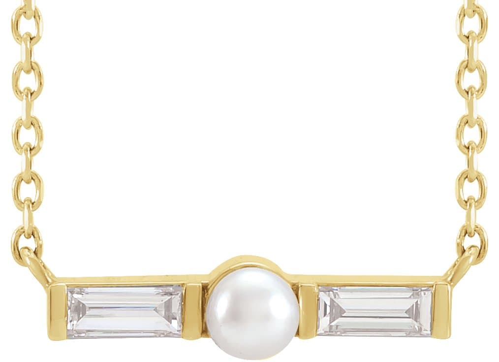 14K Rose Cultured White Seed Pearl & 1/6 CTW Natural Diamond Bar Necklace Center