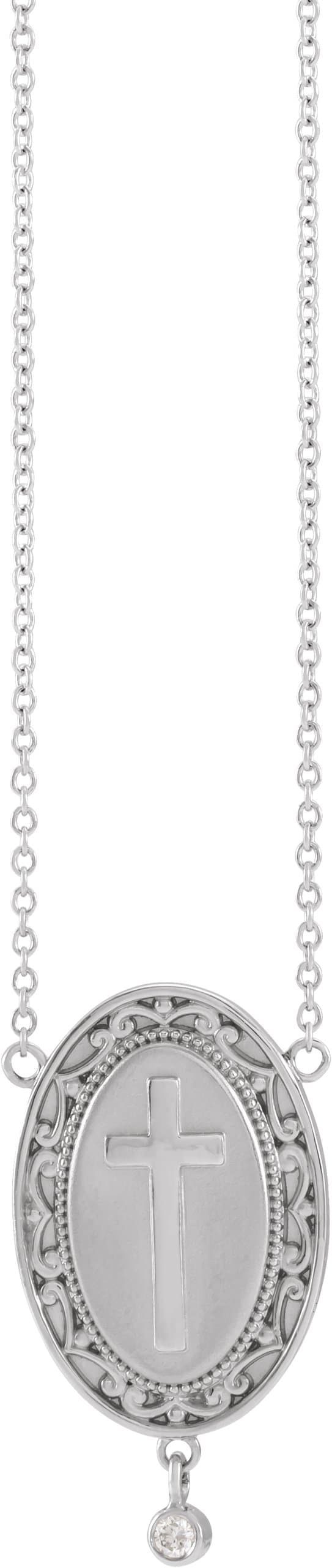 14K White .015 CT Natural Diamond Rosary Cross 18 Necklace