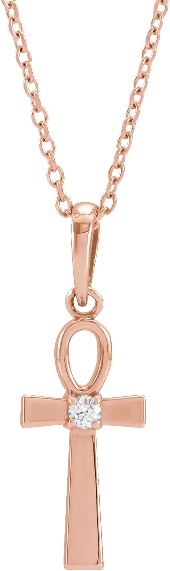 14K Rose .03 CT Natural Diamond Ankh Cross 16-18 Necklace