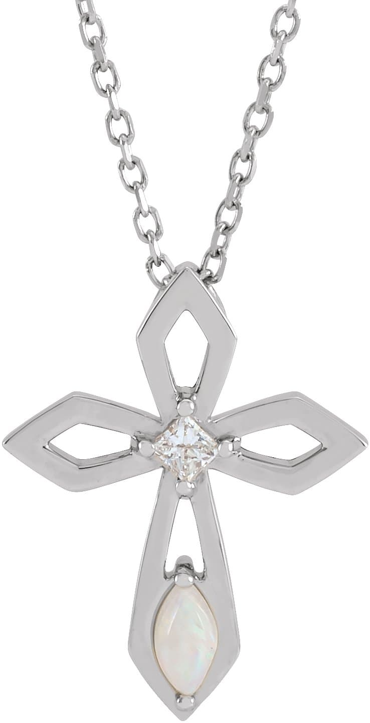 14K Rose Natural White Opal & .05 CT Natural Diamond Cross 16-18 Necklace
