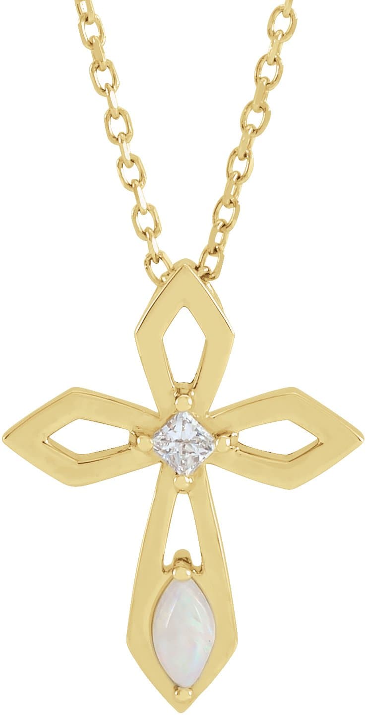 14K Rose Natural White Opal & .05 CT Natural Diamond Cross 16-18 Necklace