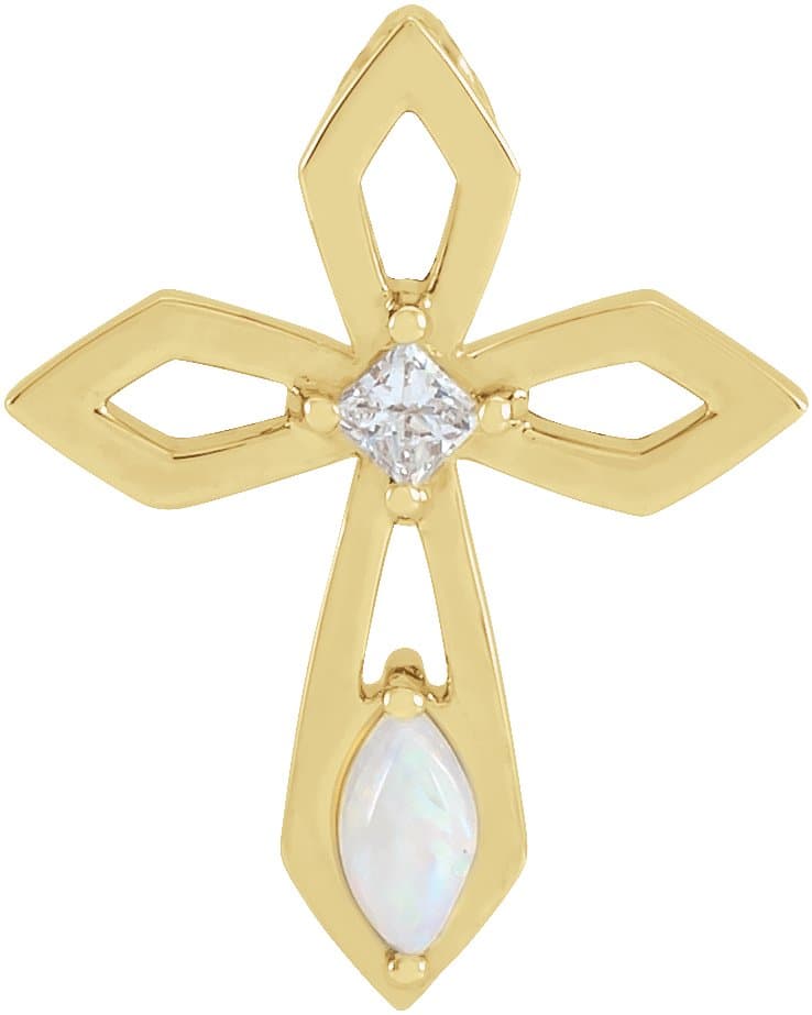 14K Rose Natural White Opal & .05 CT Natural Diamond Cross Pendant