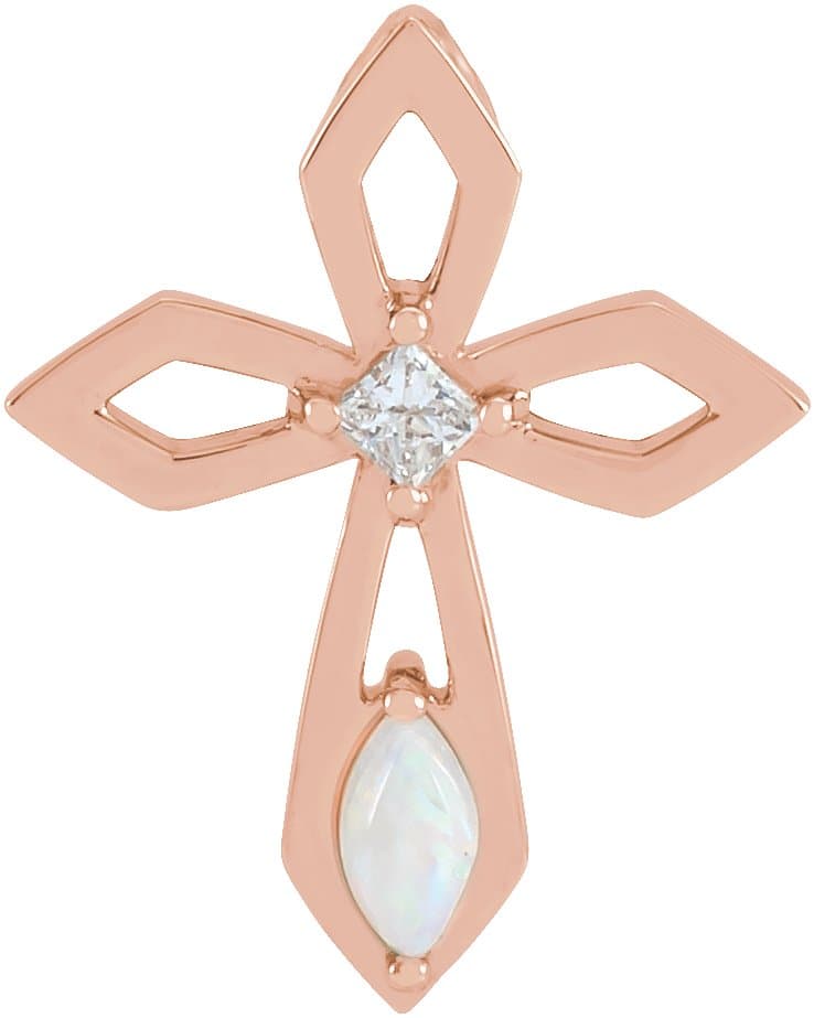 14K Rose Natural White Opal & .05 CT Natural Diamond Cross Pendant