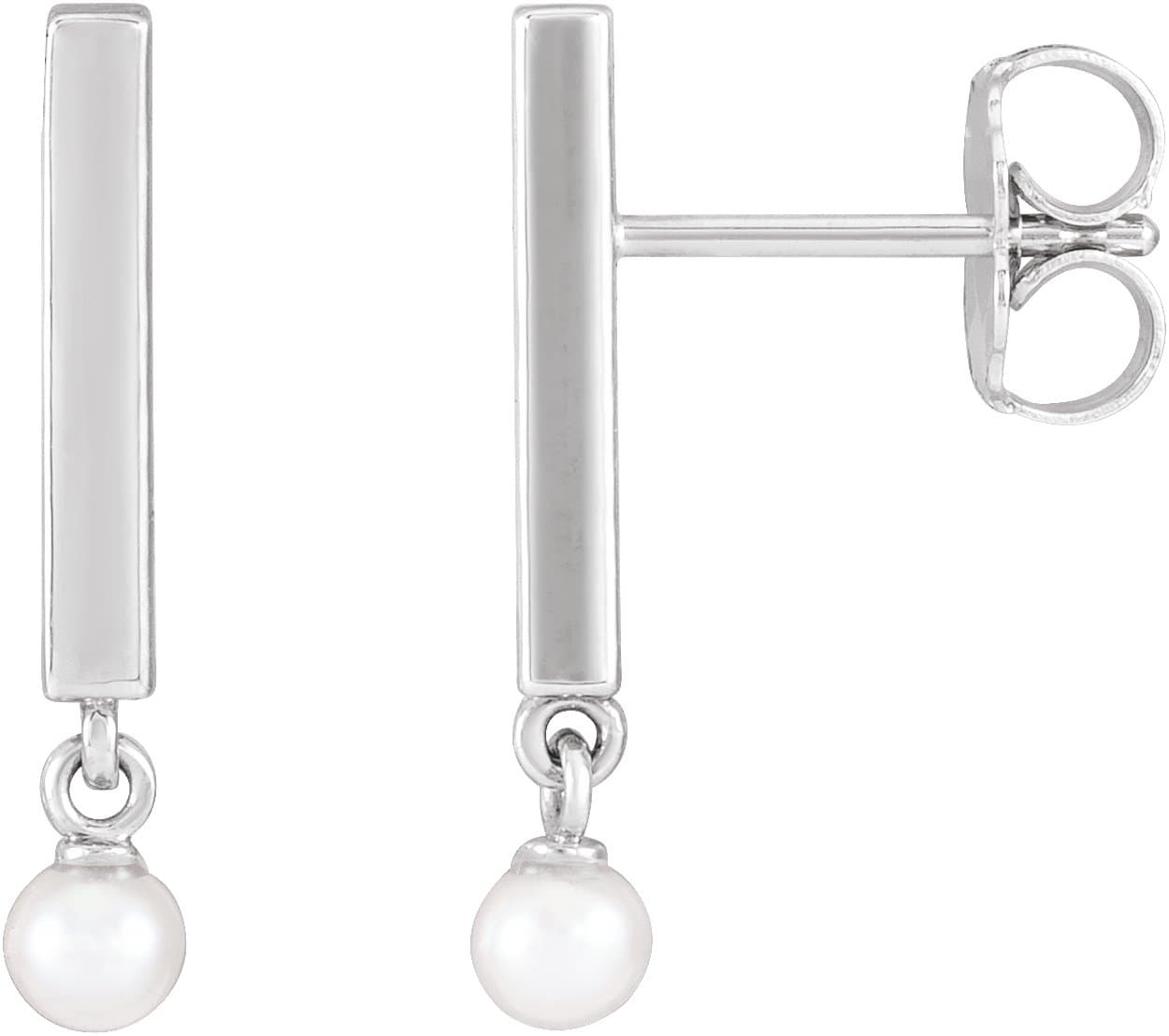 14K White Cultured White Seed Pearl Bar Earrings