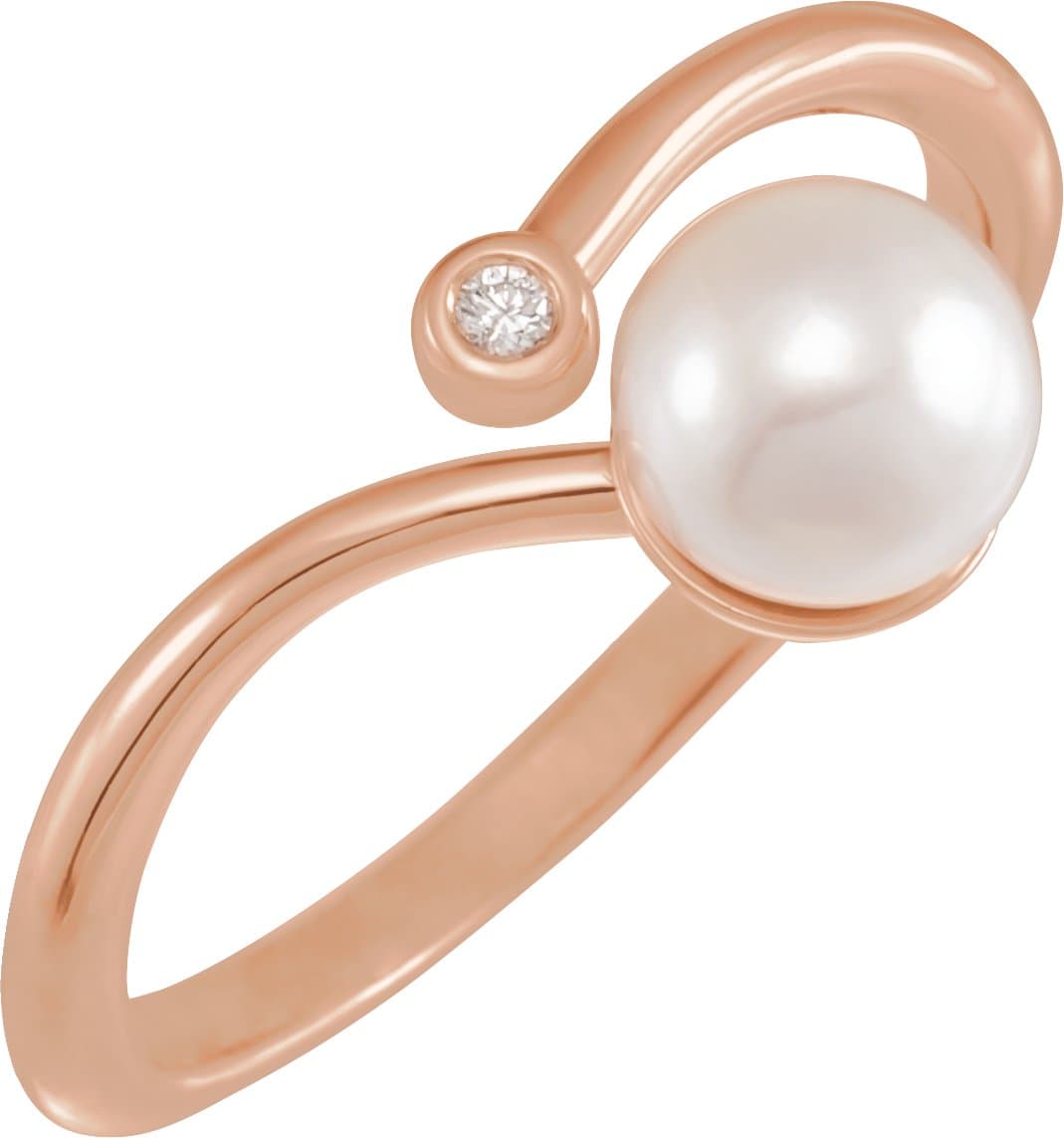 14K Rose Cultured White Akoya Pearl & .015 CT Natural Diamond Freeform Ring