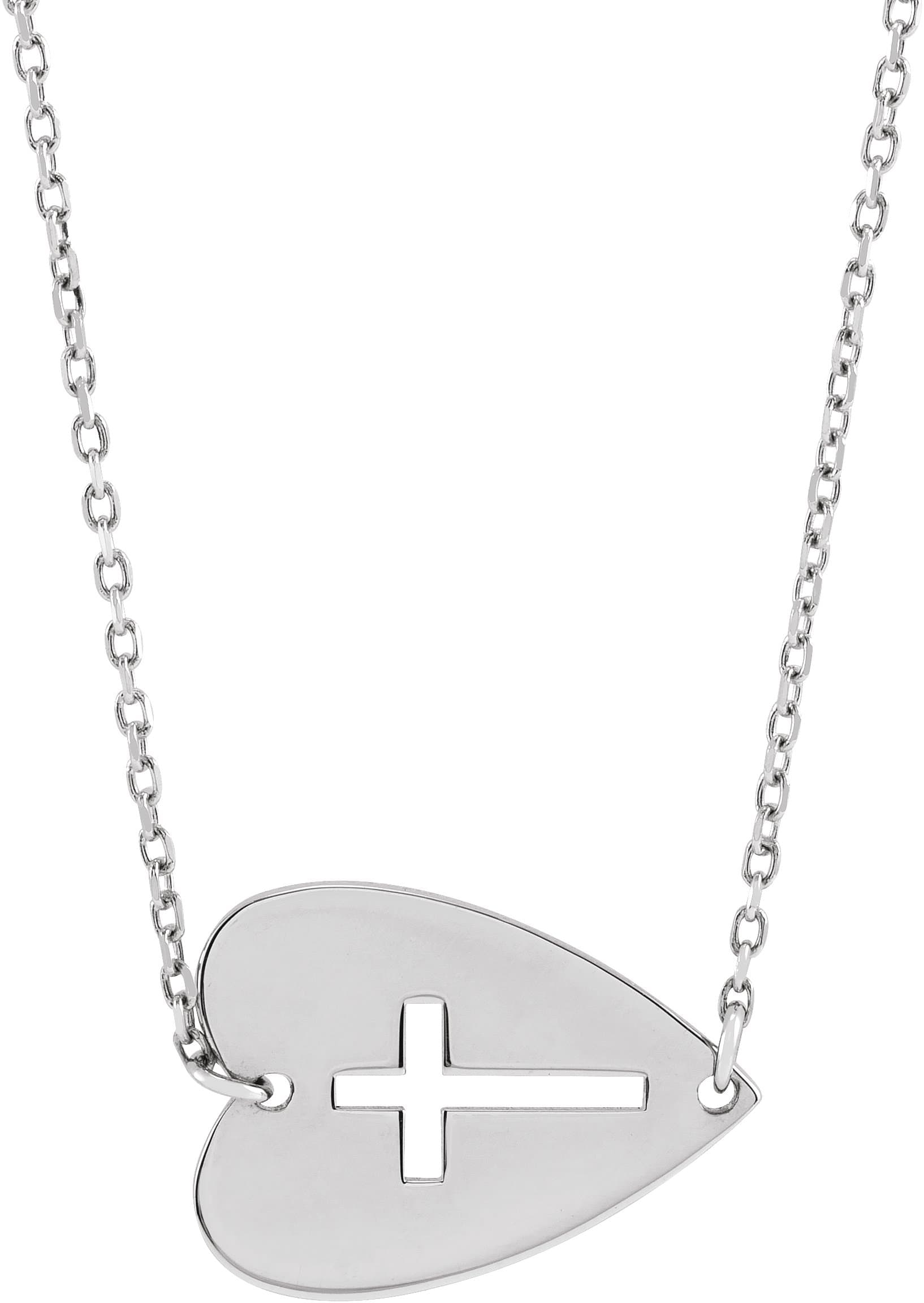 Platinum Sideways Heart with Pierced Cross 18 Necklace
