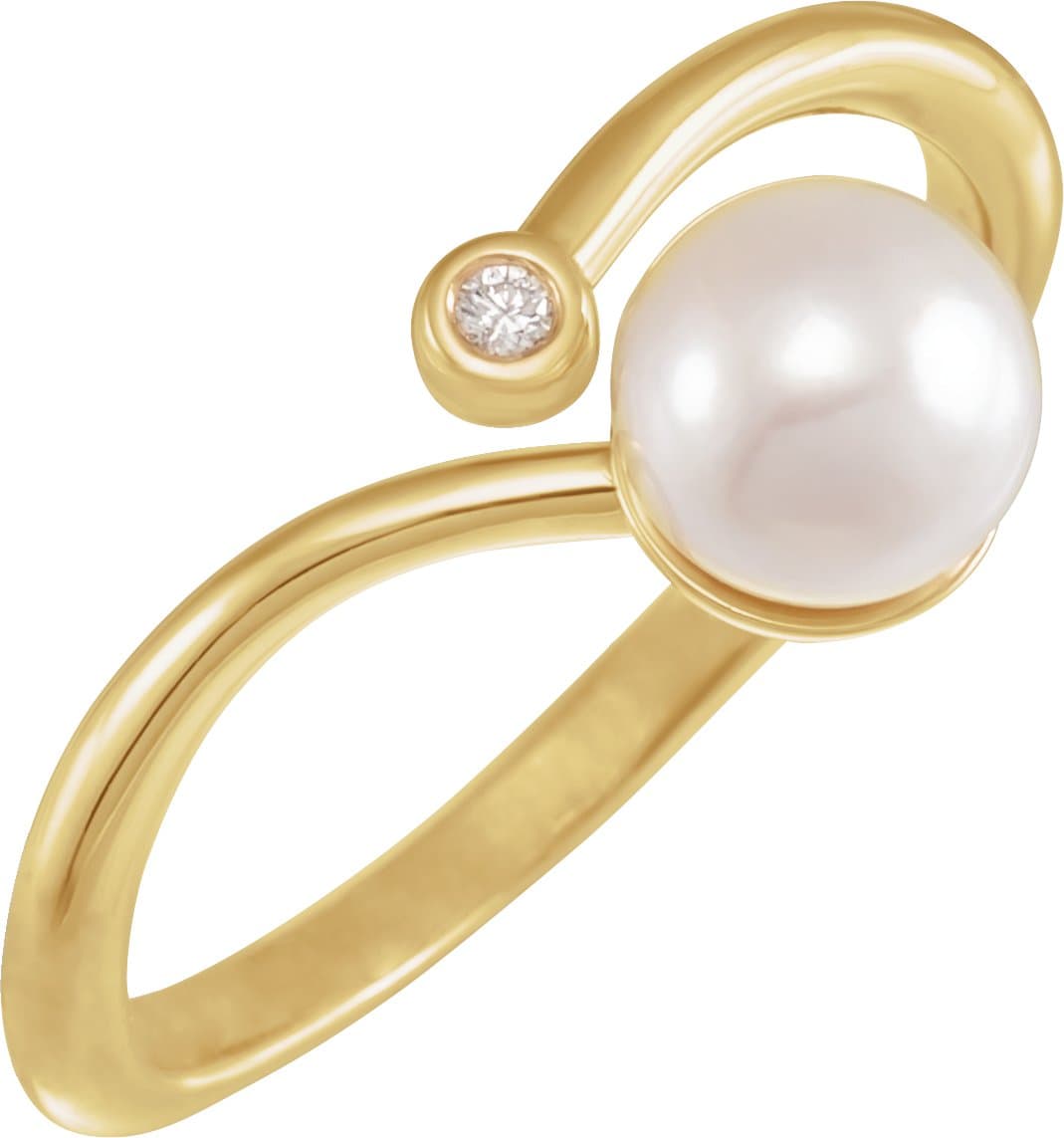 14K Rose Cultured White Akoya Pearl & .015 CT Natural Diamond Freeform Ring
