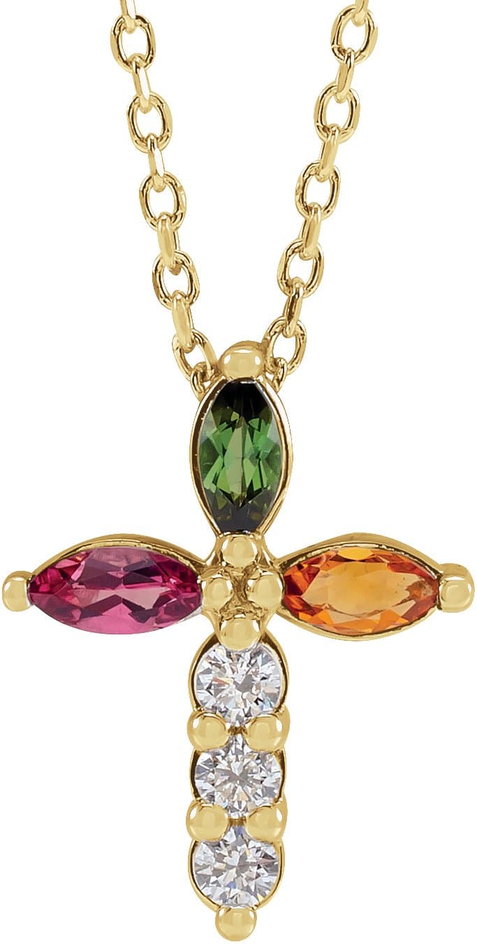14K Rose Natural Aquamarine & 1/10 CTW Natural Diamond Cross 16-18 Necklace