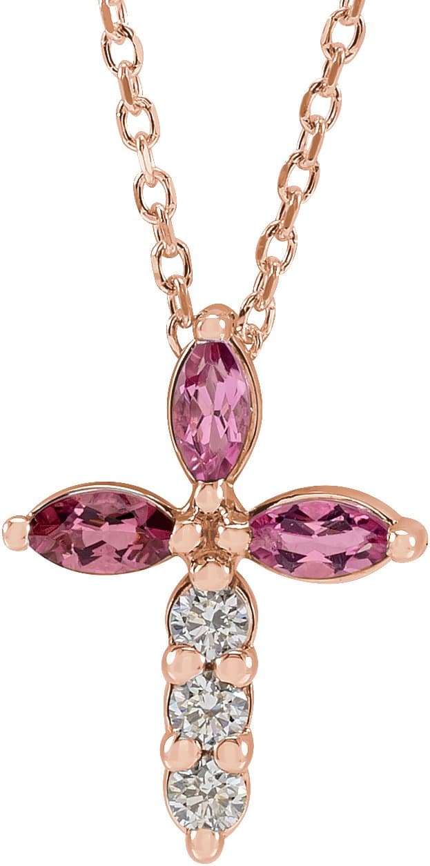 14K Rose Natural Aquamarine & 1/10 CTW Natural Diamond Cross 16-18 Necklace