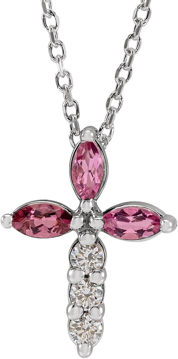 14K Rose Natural Aquamarine & 1/10 CTW Natural Diamond Cross 16-18 Necklace