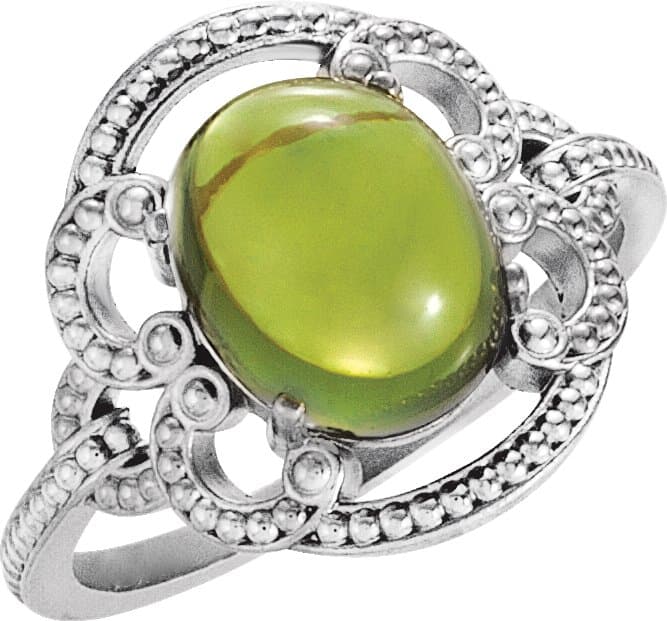 14K White Natural Peridot Cabochon Ring