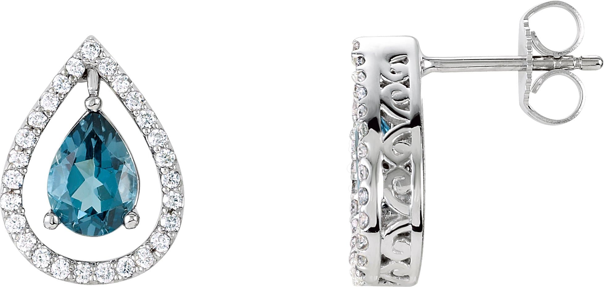 14K White Natural London Blue Topaz & 1/3 CTW Natural Diamond Halo-Style Earrings
