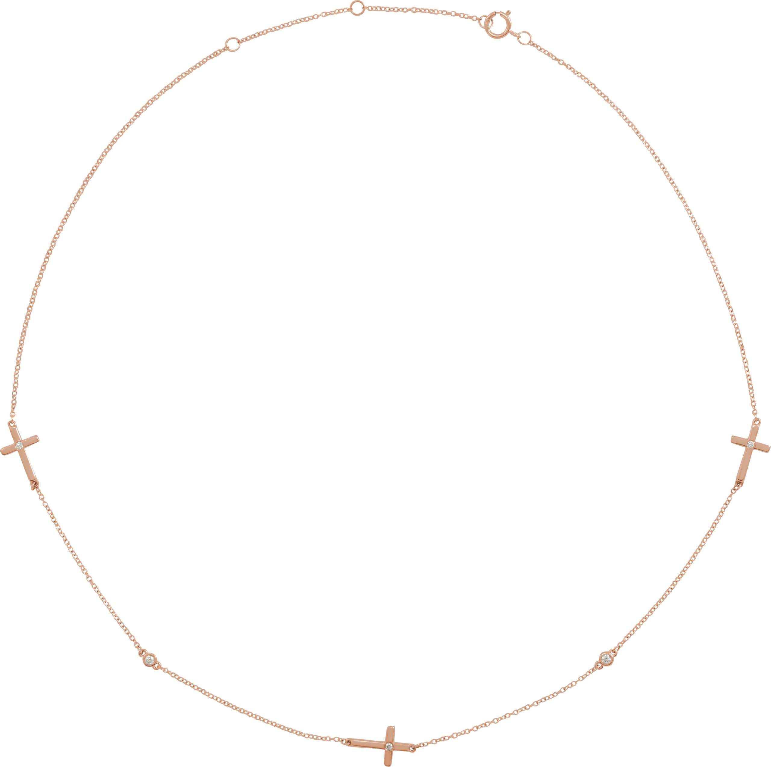 14K Rose 1/10 CTW Natural Diamond 5-Station Cross 16-18” Necklace