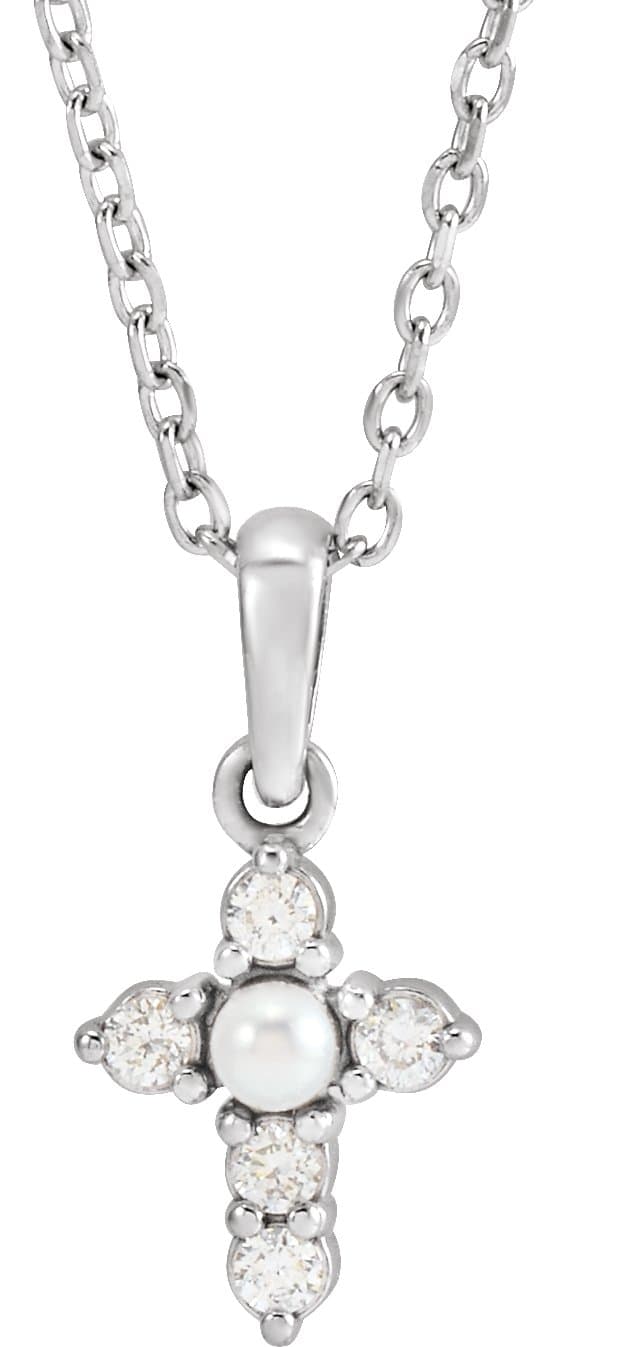 14K Yellow Cultured White Seed Pearl & .07 CTW Natural Diamond Cross 16-18 Necklace