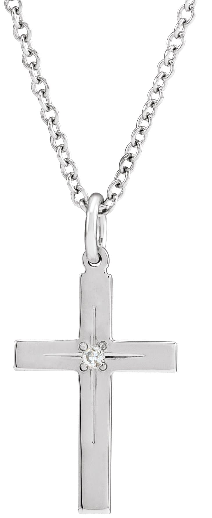 14K White Gold .0075 CT Natural Diamond Cross 18" Necklace