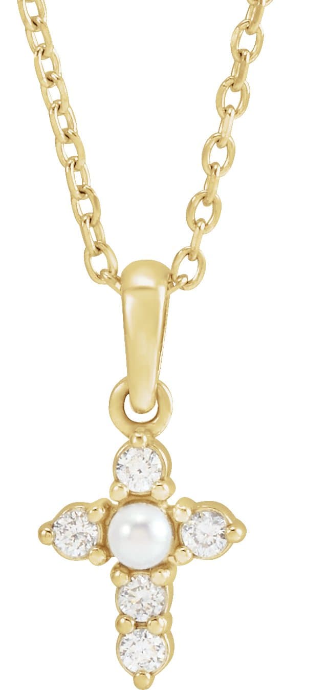 14K Yellow Cultured White Seed Pearl & .07 CTW Natural Diamond Cross 16-18 Necklace