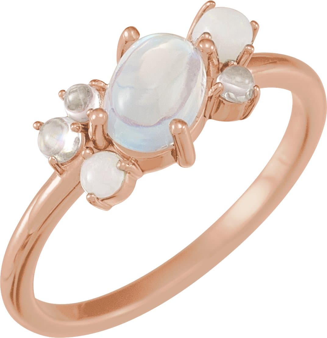 14K Rose Natural Rainbow Moonstone & Multi-Gemstone Scattered Cabochon Ring