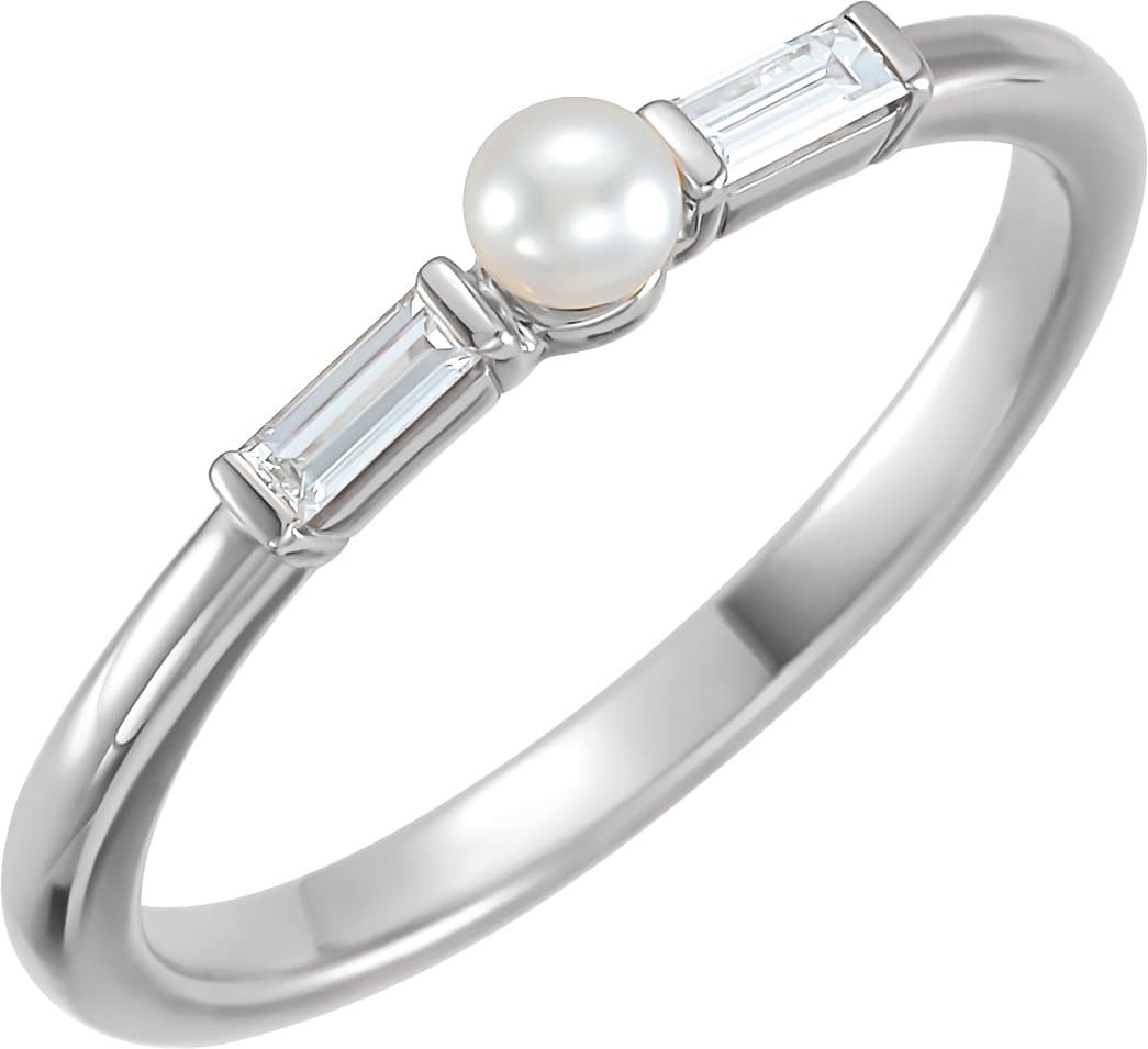 14K Rose Cultured White Seed Pearl & 1/8 CTW Natural Diamond Ring
