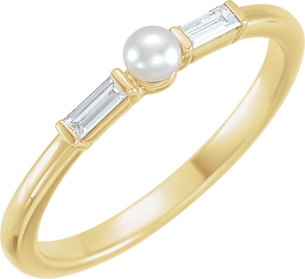 14K Rose Cultured White Seed Pearl & 1/8 CTW Natural Diamond Ring