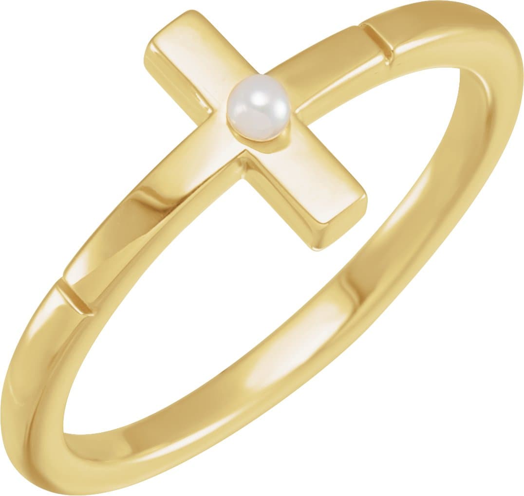 14K Rose Cultured White Akoya Pearl Sideways Cross Ring