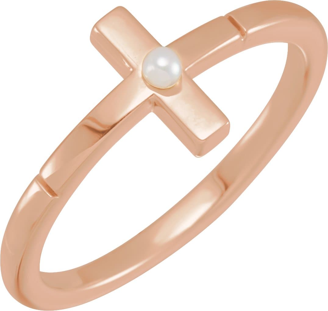 14K Rose Cultured White Akoya Pearl Sideways Cross Ring