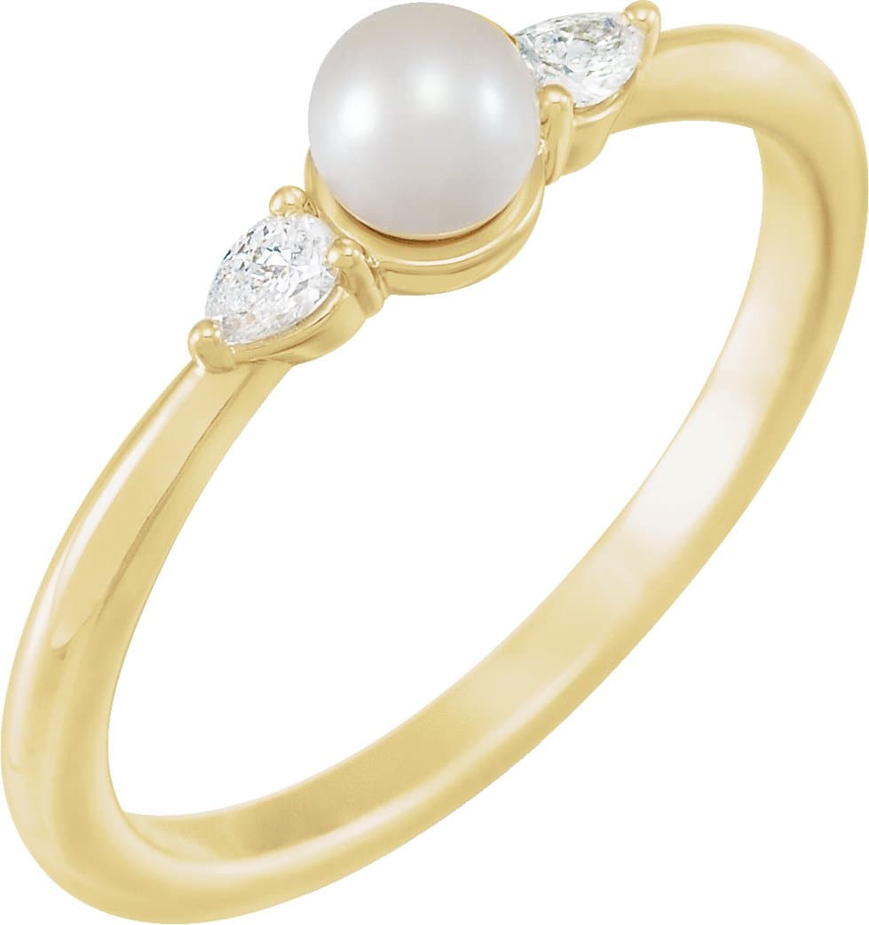 14K Rose Cultured White Akoya Pearl & 1/10 CTW Natural Diamond Ring
