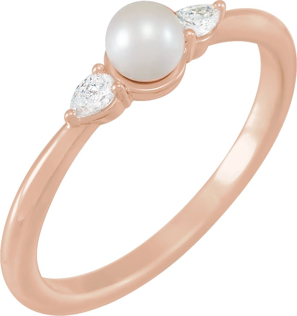 14K Rose Cultured White Akoya Pearl & 1/10 CTW Natural Diamond Ring