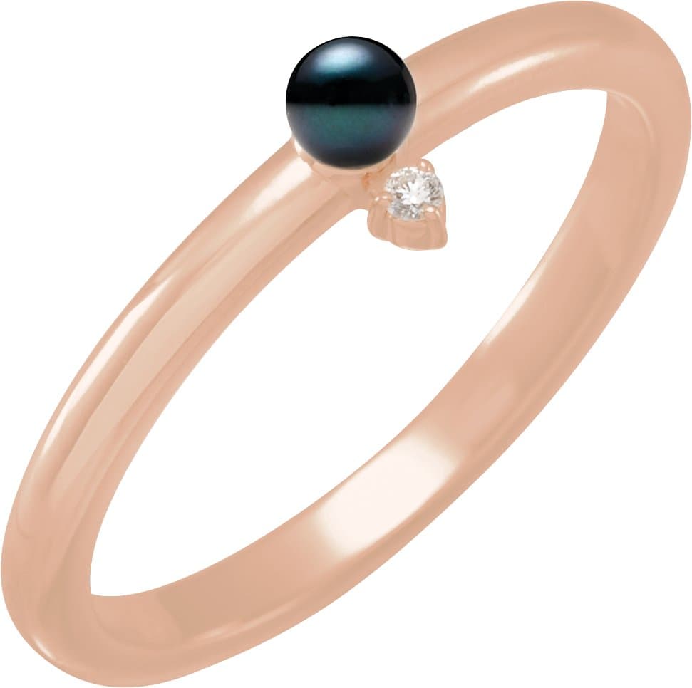 14K Rose Cultured Black Pearl & .015 CT Natural Diamond Ring