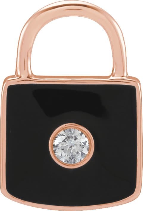 14K Rose .035 CT Natural  Diamond & Black Enamel Lock Charm/Pendant